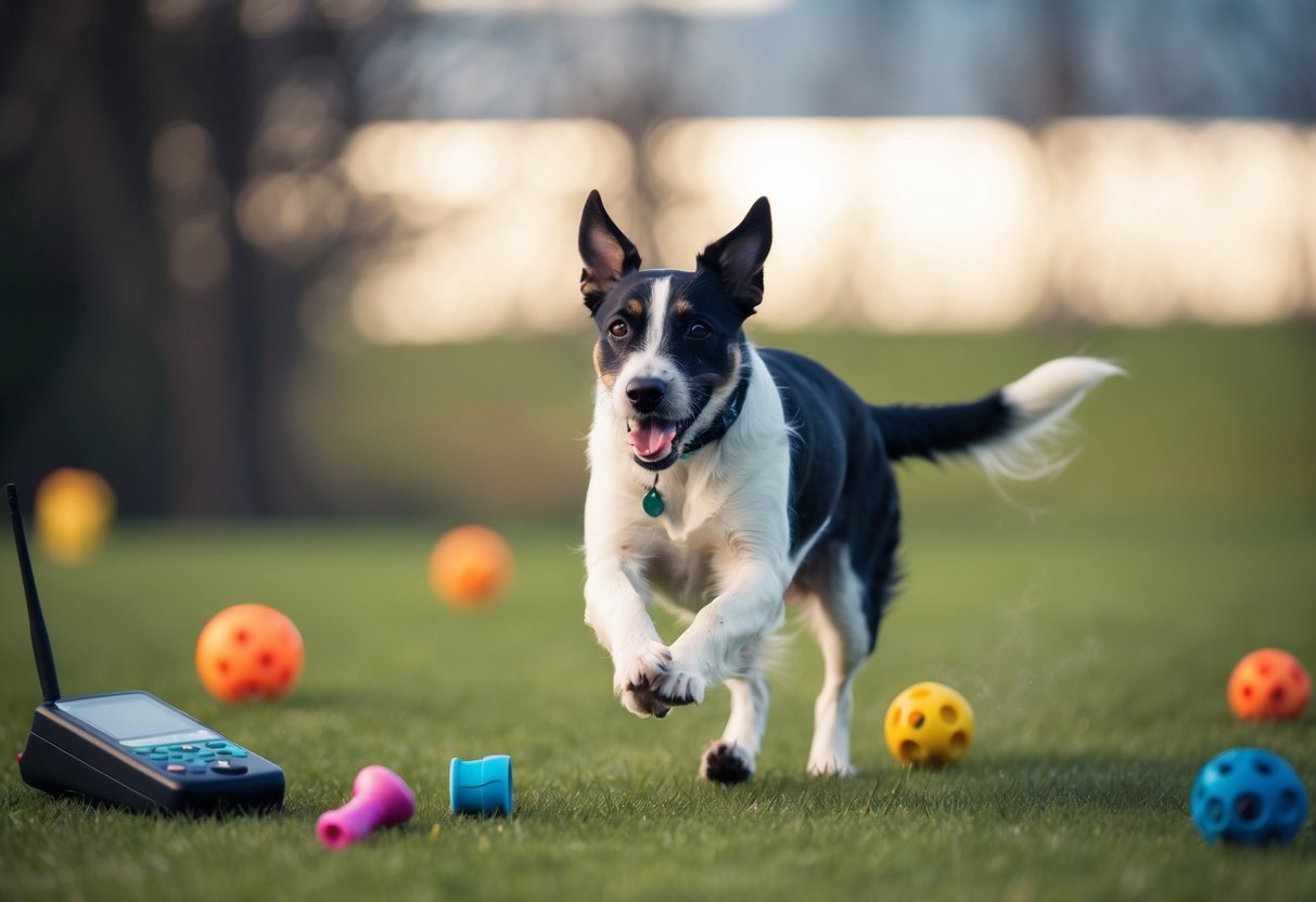 A border terrier running in circles with a wagging tail, surrounded by scattered toys and a communication device