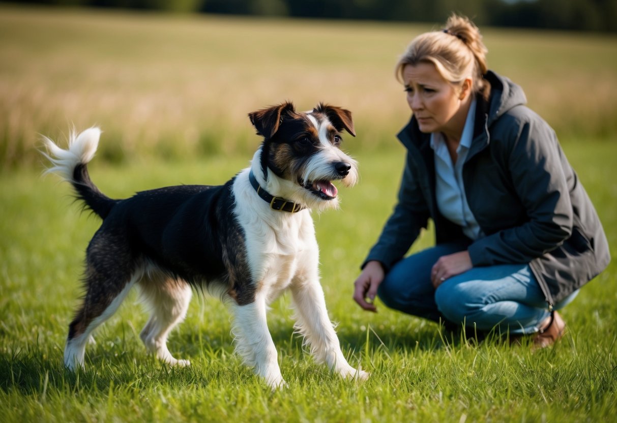 A border terrier shakes as it stands on a grassy field, its fur ruffling in the breeze, with a concerned owner looking on