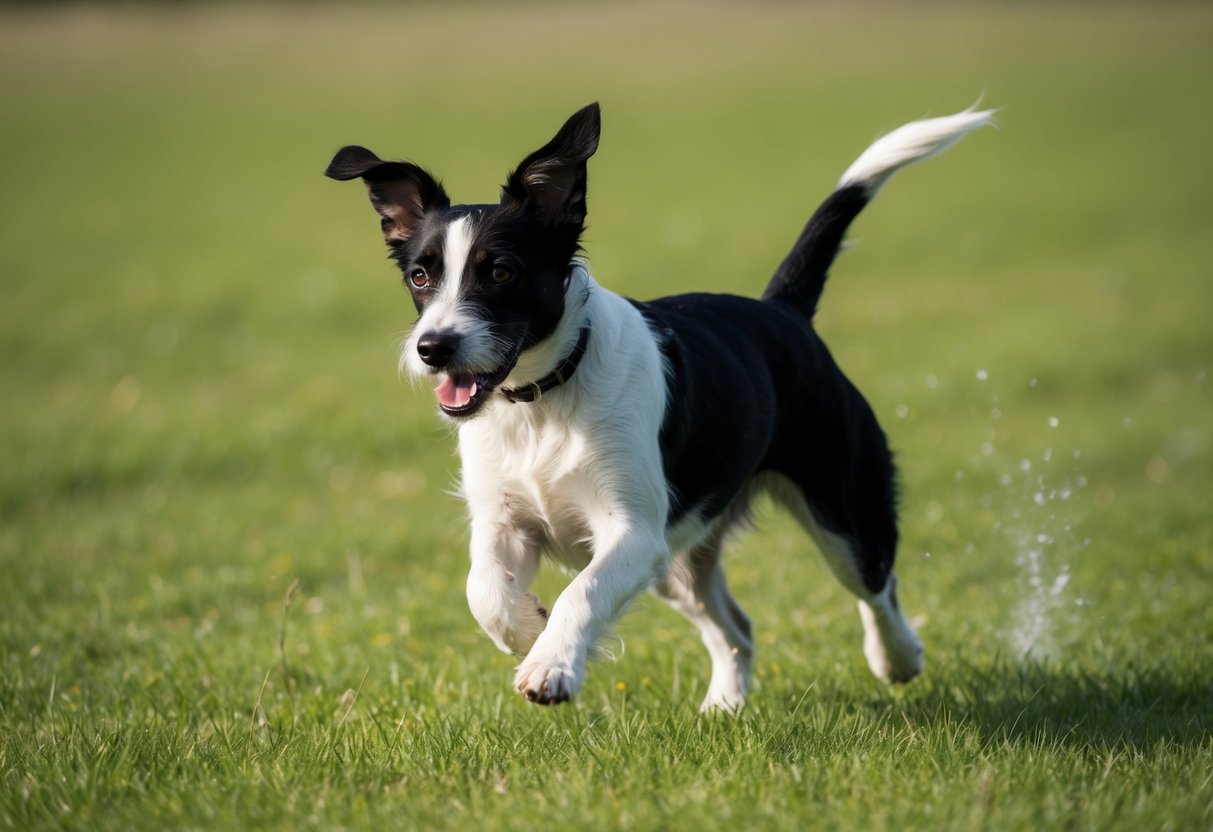 A border terrier races across a grassy field, ears flapping in the wind, with a look of determination in its eyes