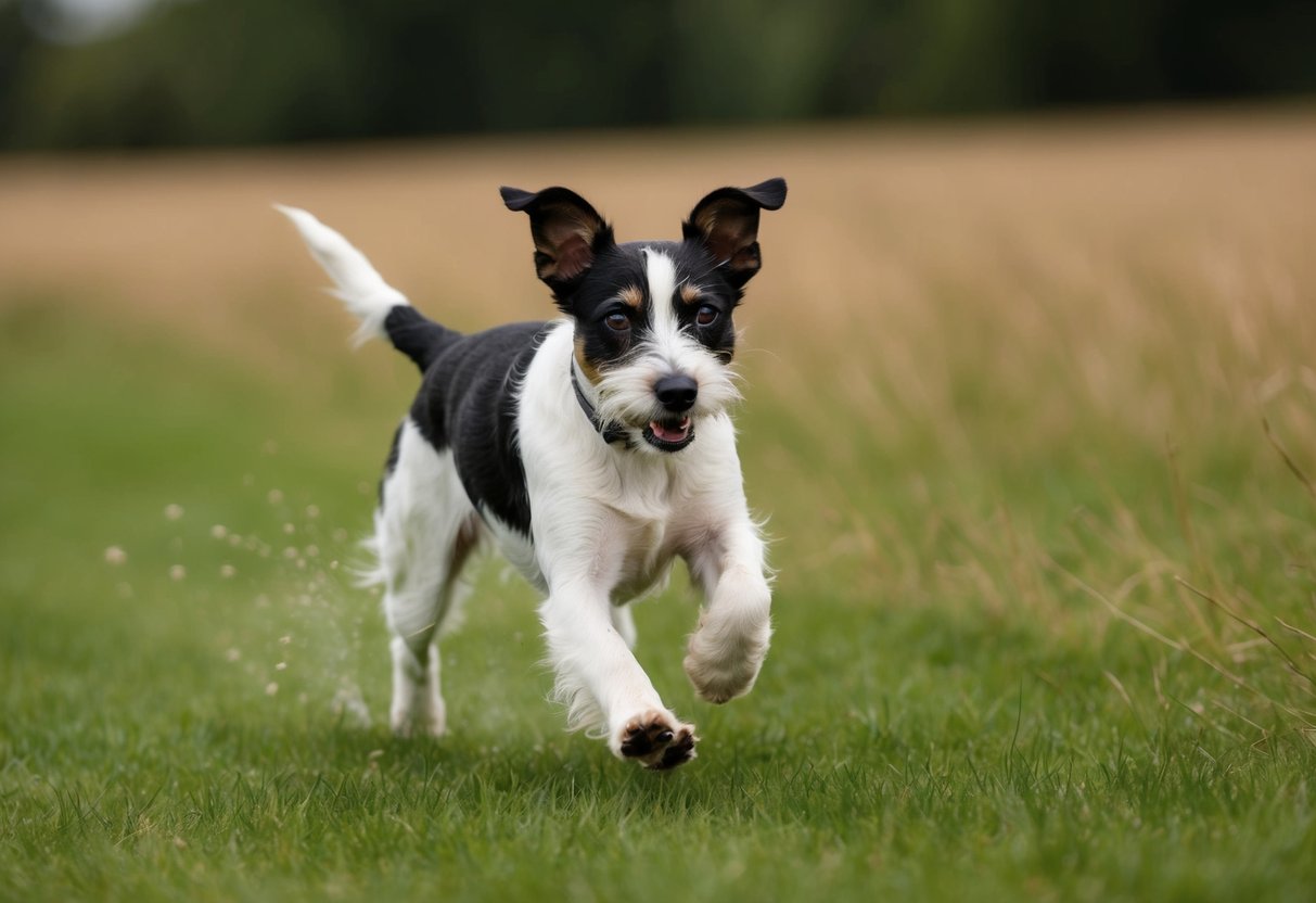 A border terrier runs swiftly through a grassy field, ears flapping in the wind, with a look of determination in its eyes