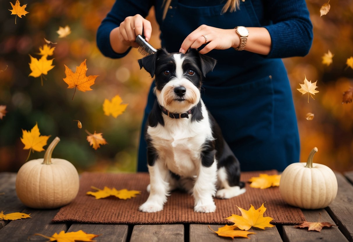 A border terrier being groomed in a cozy, autumnal setting with falling leaves and warm colors
