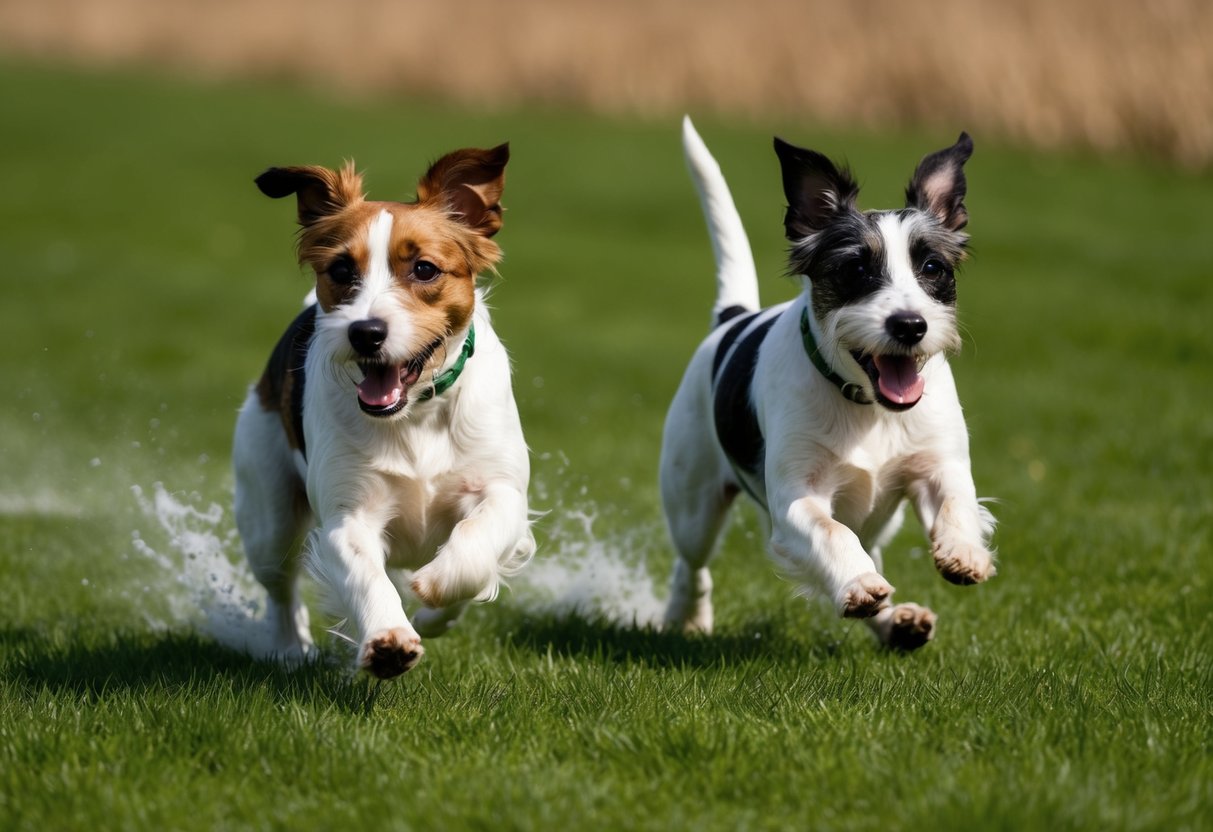 Two border terriers running through a green field, their fur blowing in the wind as they race each other