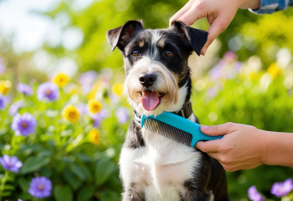 A Border Terrier being groomed in a sunny, outdoor setting with a brush and comb, surrounded by greenery and flowers