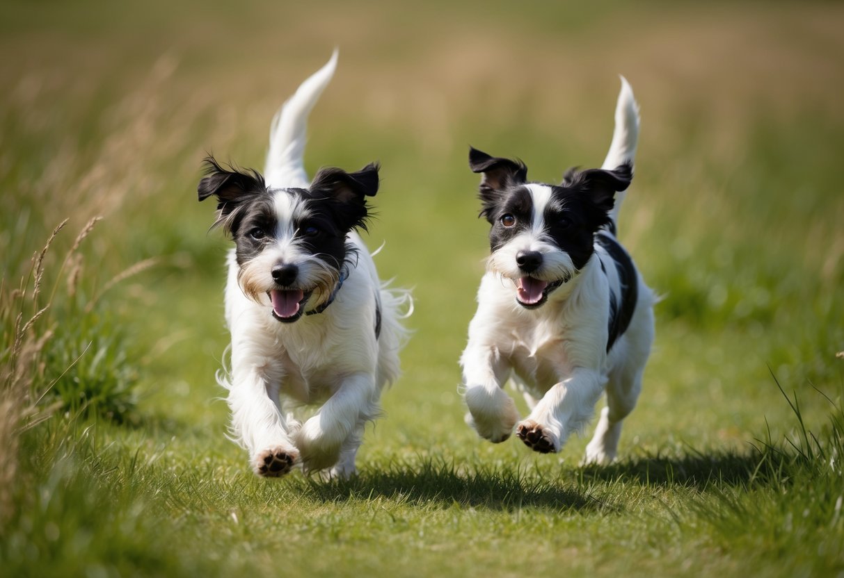 Two border terriers running through a grassy meadow, their fur blowing in the wind as they playfully chase each other