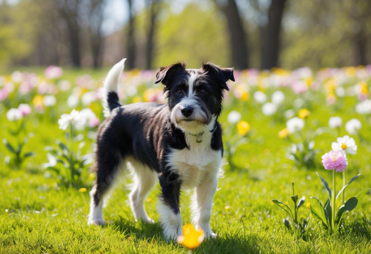A sunny spring day, with a Border Terrier standing on a grassy field, surrounded by blooming flowers and shedding its winter coat