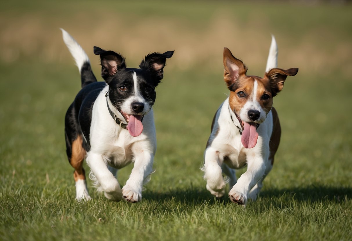 Two border terriers running through a grassy field, with their ears flapping and tongues hanging out as they playfully chase each other