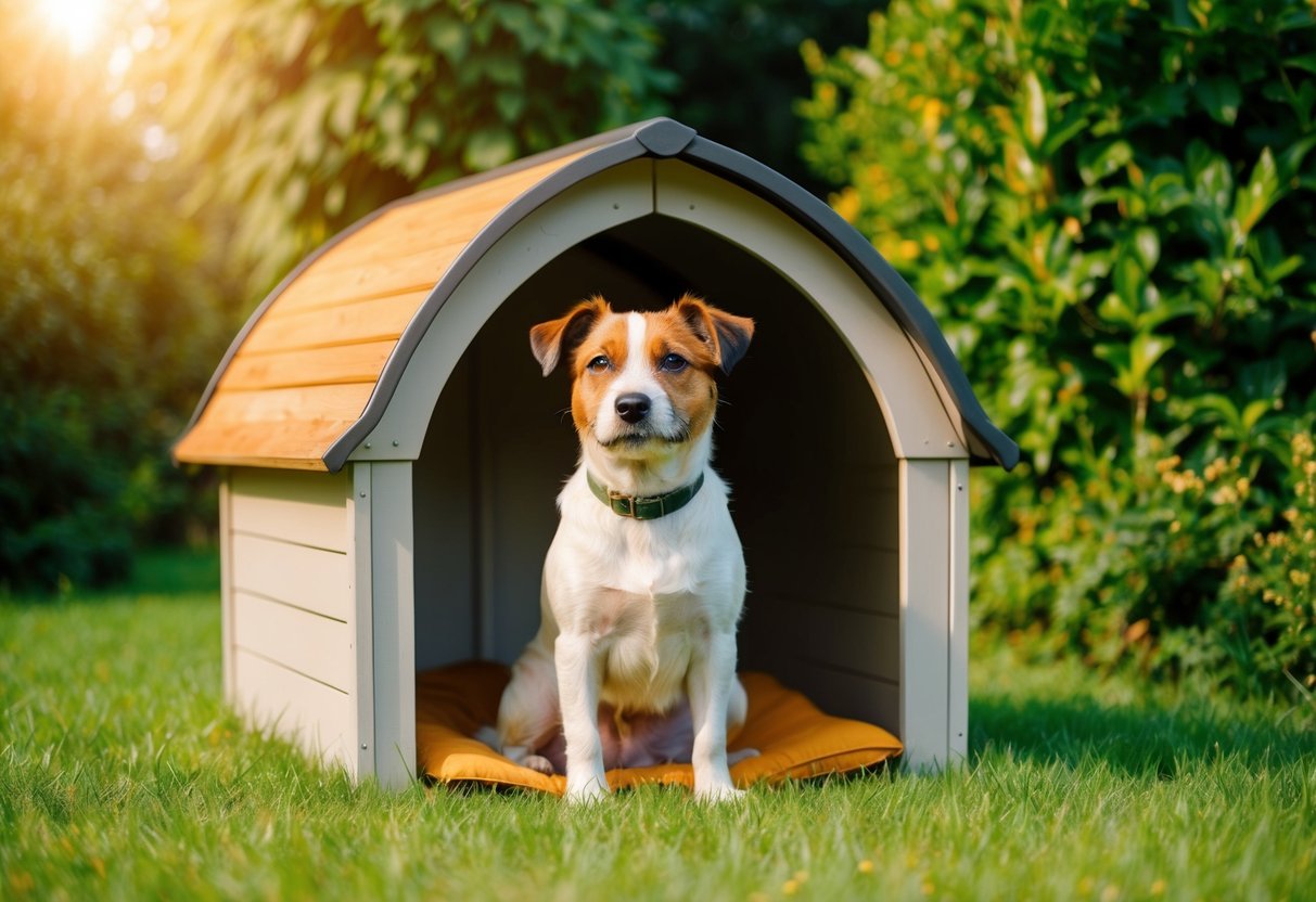 A border terrier sits contentedly in a cozy outdoor dog house, surrounded by lush greenery and basking in the warmth of the sun