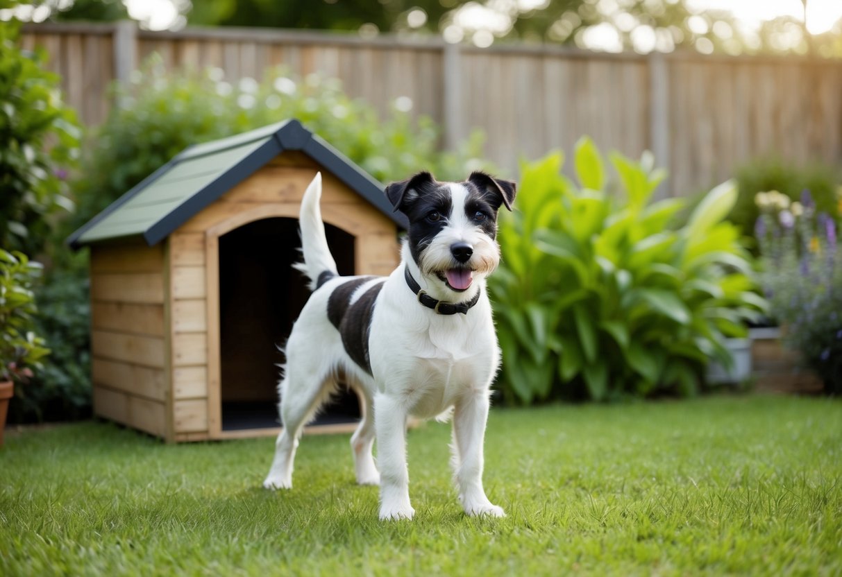 A Border Terrier stands confidently outdoors, tail wagging, surrounded by a lush garden and a sturdy dog house