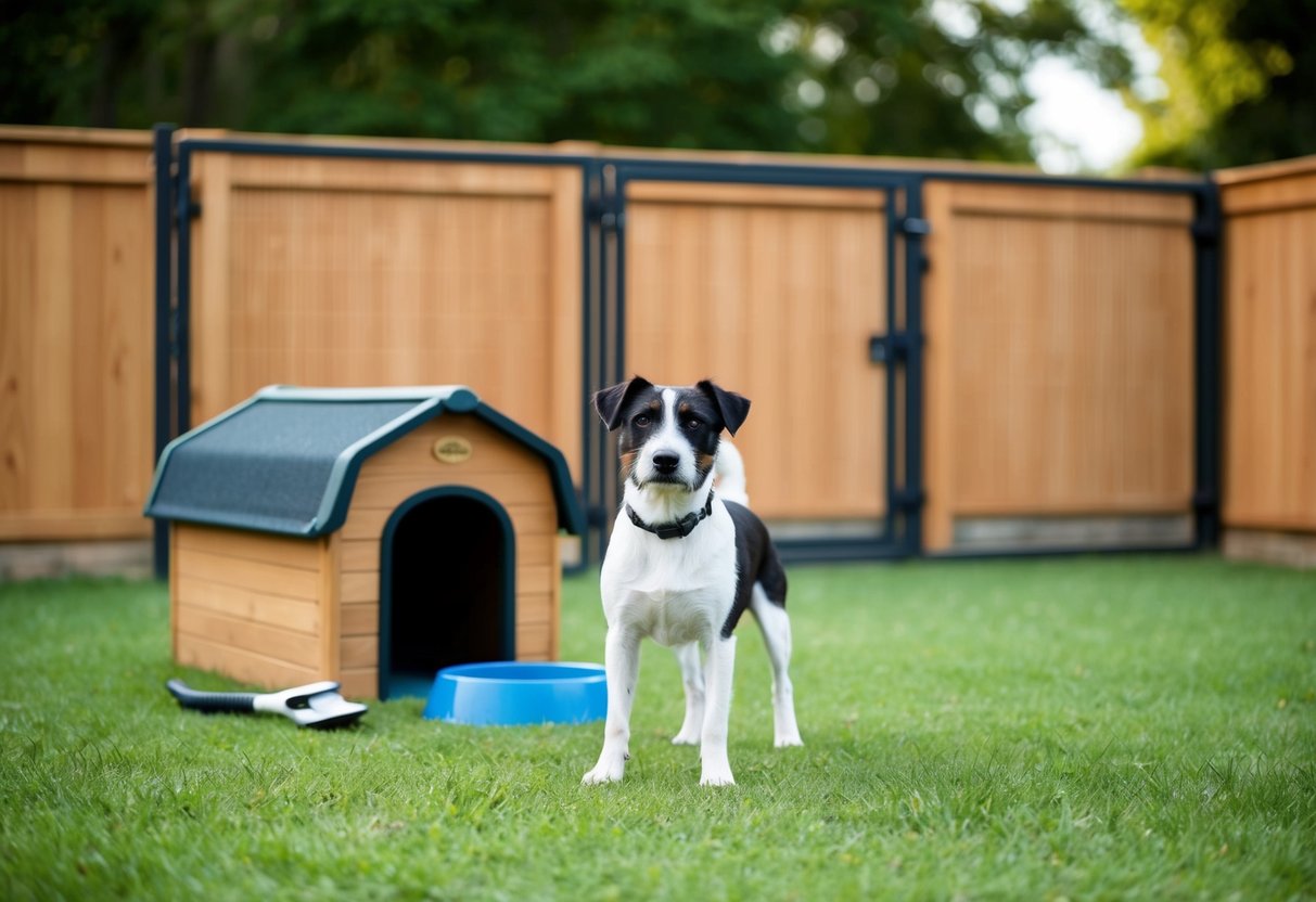 A border terrier stands in a spacious outdoor enclosure, surrounded by a sturdy fence. A cozy dog house, water bowl, and grooming tools are nearby