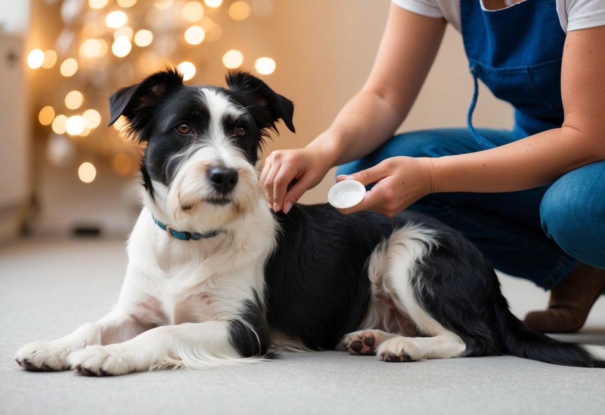 A border terrier lies calmly as its owner gently applies soothing ointment to the scabbed areas on its coat after stripping