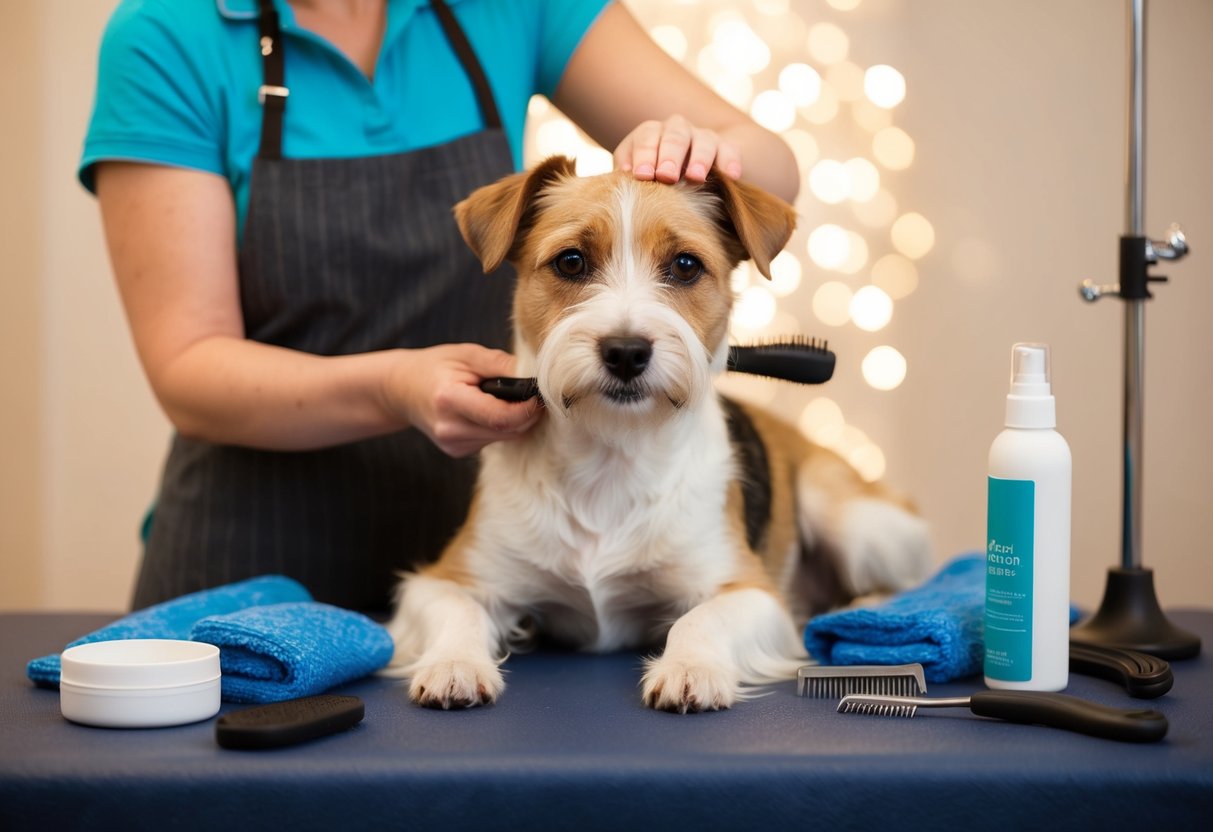 A Border Terrier with scabs being gently groomed and treated after stripping, with grooming tools and soothing products nearby