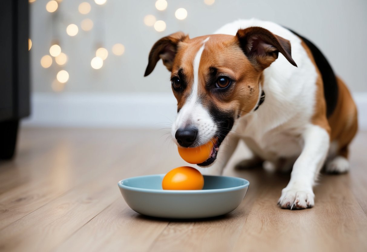 A border terrier eagerly eats a cooked egg from a bowl on the floor