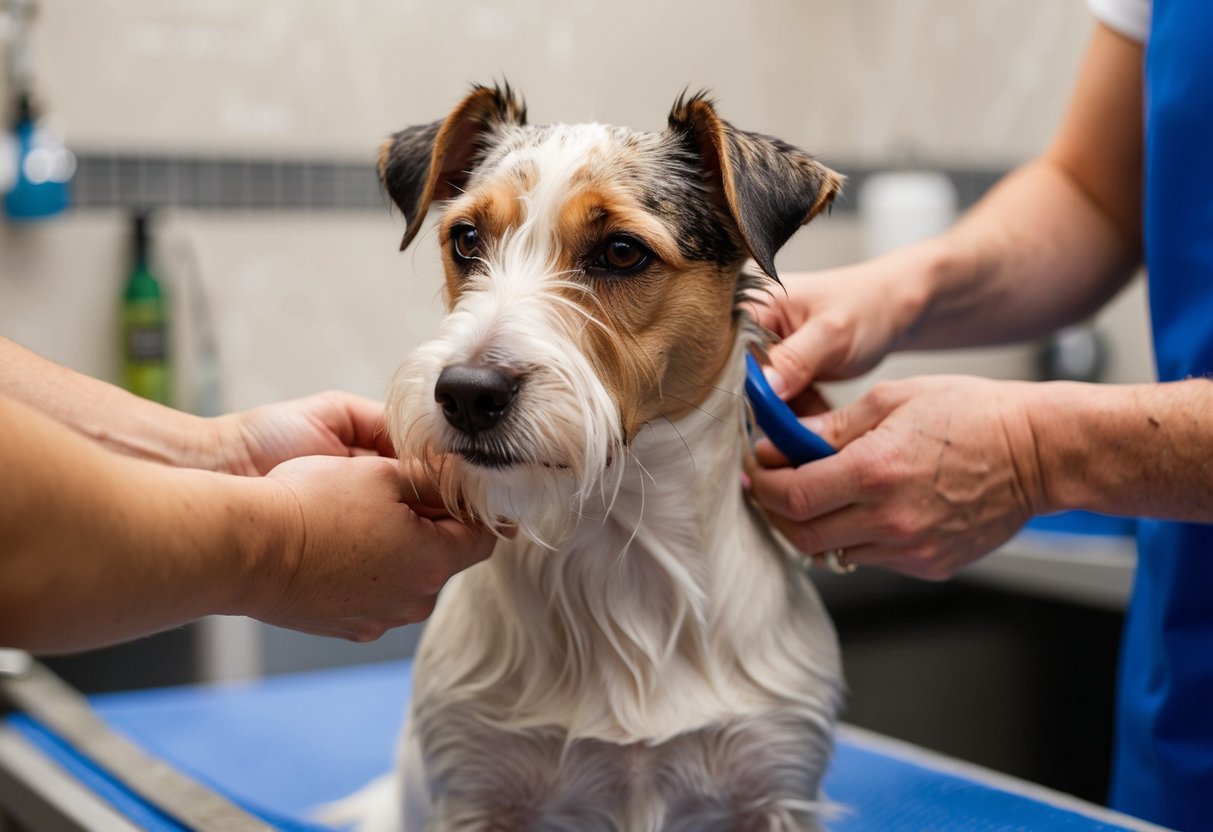 A border terrier with scabs being gently bathed and dried, then carefully stripped by a groomer using appropriate tools and techniques