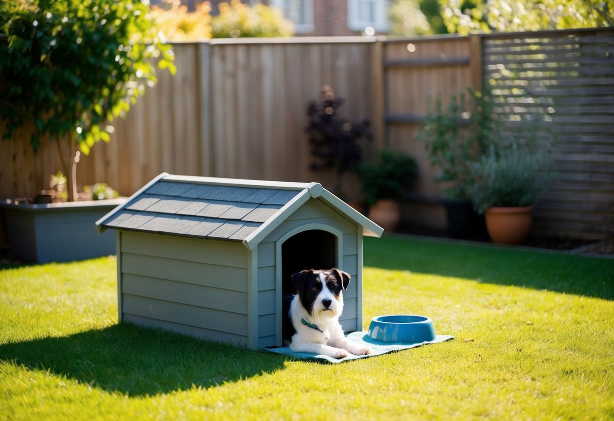 A cozy backyard with a dog house, water bowl, and shaded area for a border terrier to live comfortably outside