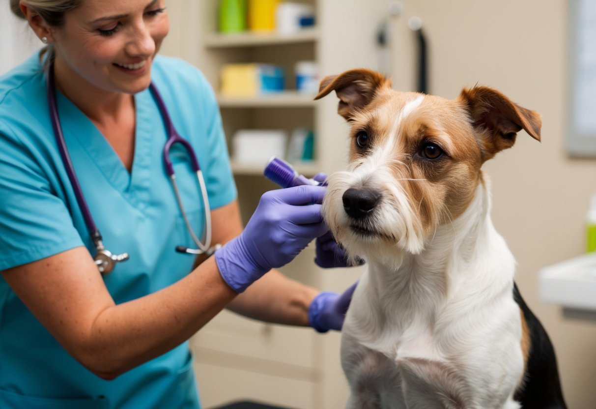 A Border Terrier with scabs being gently groomed and treated by a veterinarian