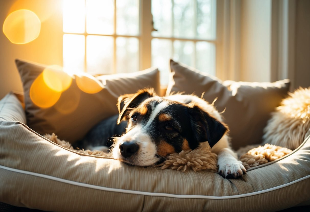 A border terrier naps peacefully in a cozy dog bed, surrounded by fluffy pillows and bathed in warm sunlight streaming through a window