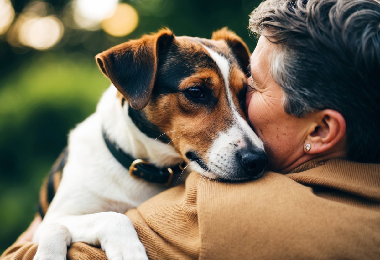A border terrier nuzzles closely to a person, showing strong bond and affection