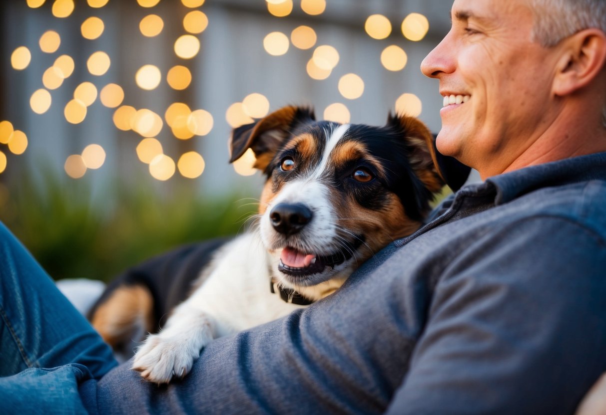 A Border Terrier snuggled up next to its owner, gazing up at them with adoring eyes, while wagging its tail