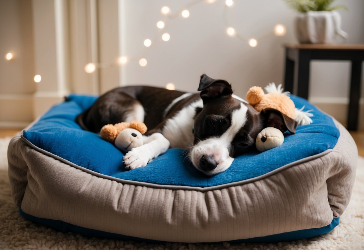 A Border Terrier lounges on a cozy dog bed, surrounded by plush toys, with eyes closed and legs tucked under its body, peacefully napping