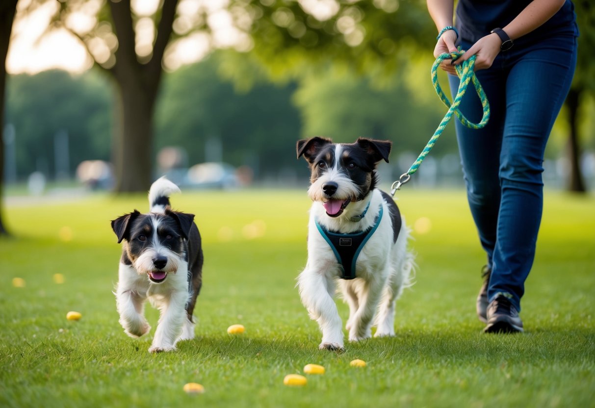 A border terrier walks on a leash with a trainer using positive reinforcement and treats in a park setting