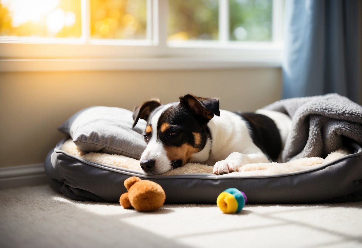A border terrier napping peacefully in a cozy dog bed, surrounded by soft blankets and toys. Sunlight streams through the window, casting a warm glow over the contented pup