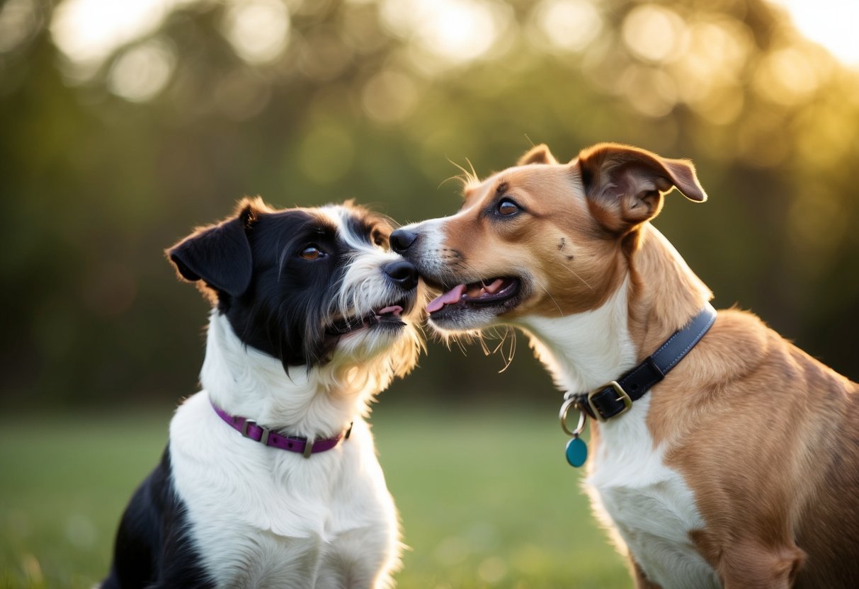 A border terrier gazes adoringly at their owner, wagging their tail and leaning in for affection