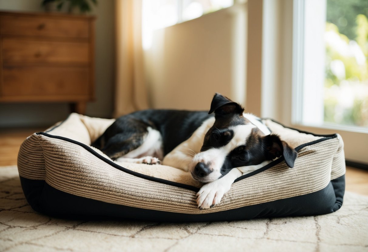 A border terrier napping peacefully on a cozy dog bed in a sunlit room