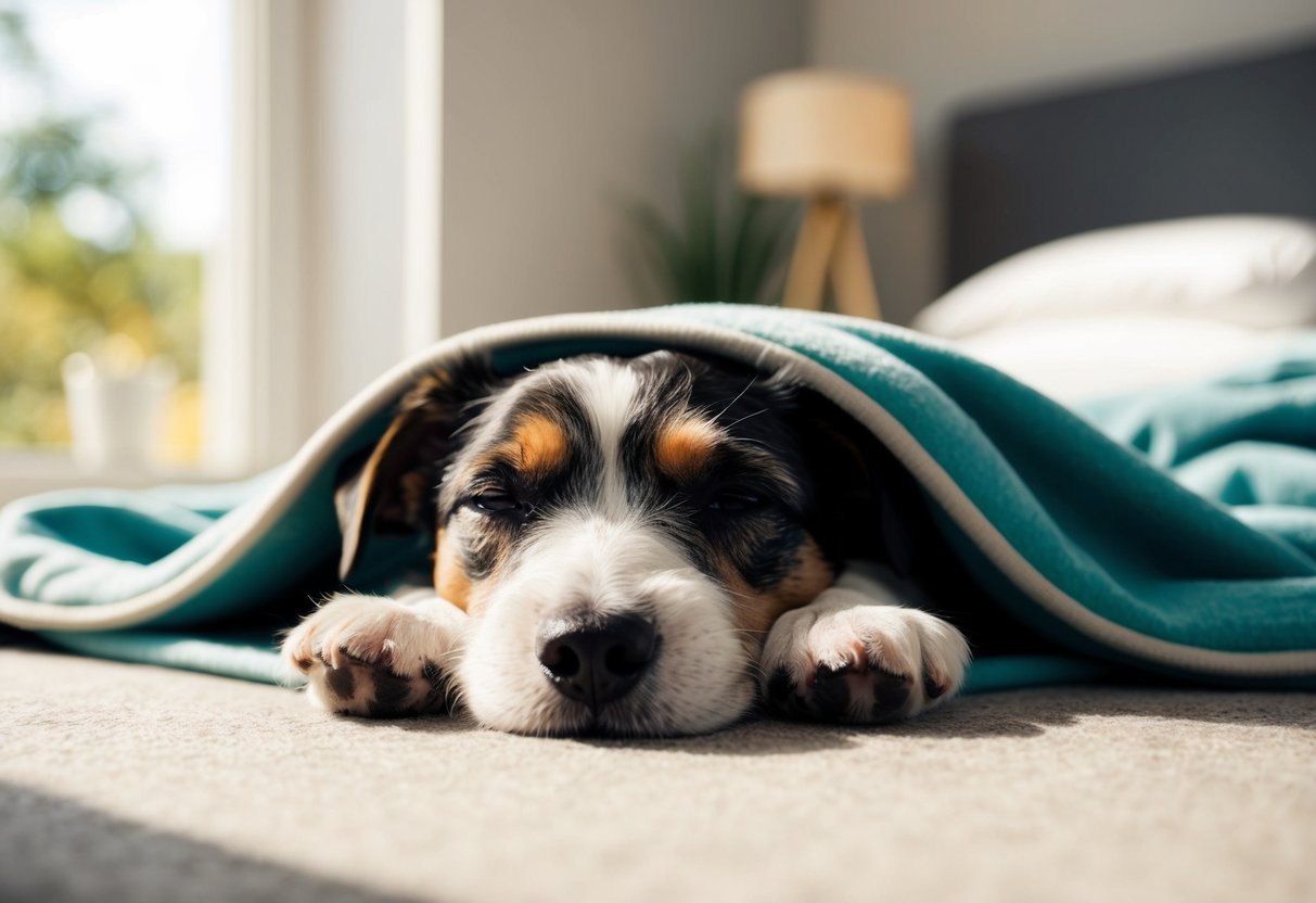 A content Border Terrier napping peacefully under a cozy blanket in a sunlit room