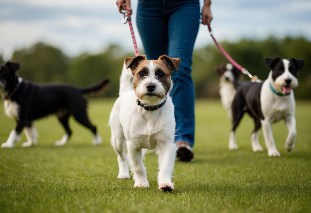A border terrier walking calmly on a leash, maintaining eye contact with its trainer and exhibiting good obedience and social behavior around other dogs