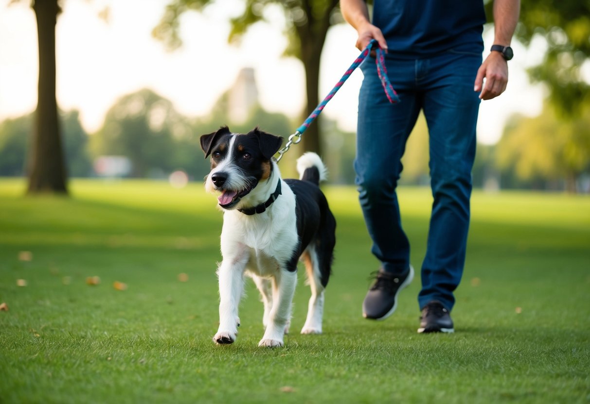 A border terrier walking on a leash with its owner, practicing advanced training and activities in a park setting