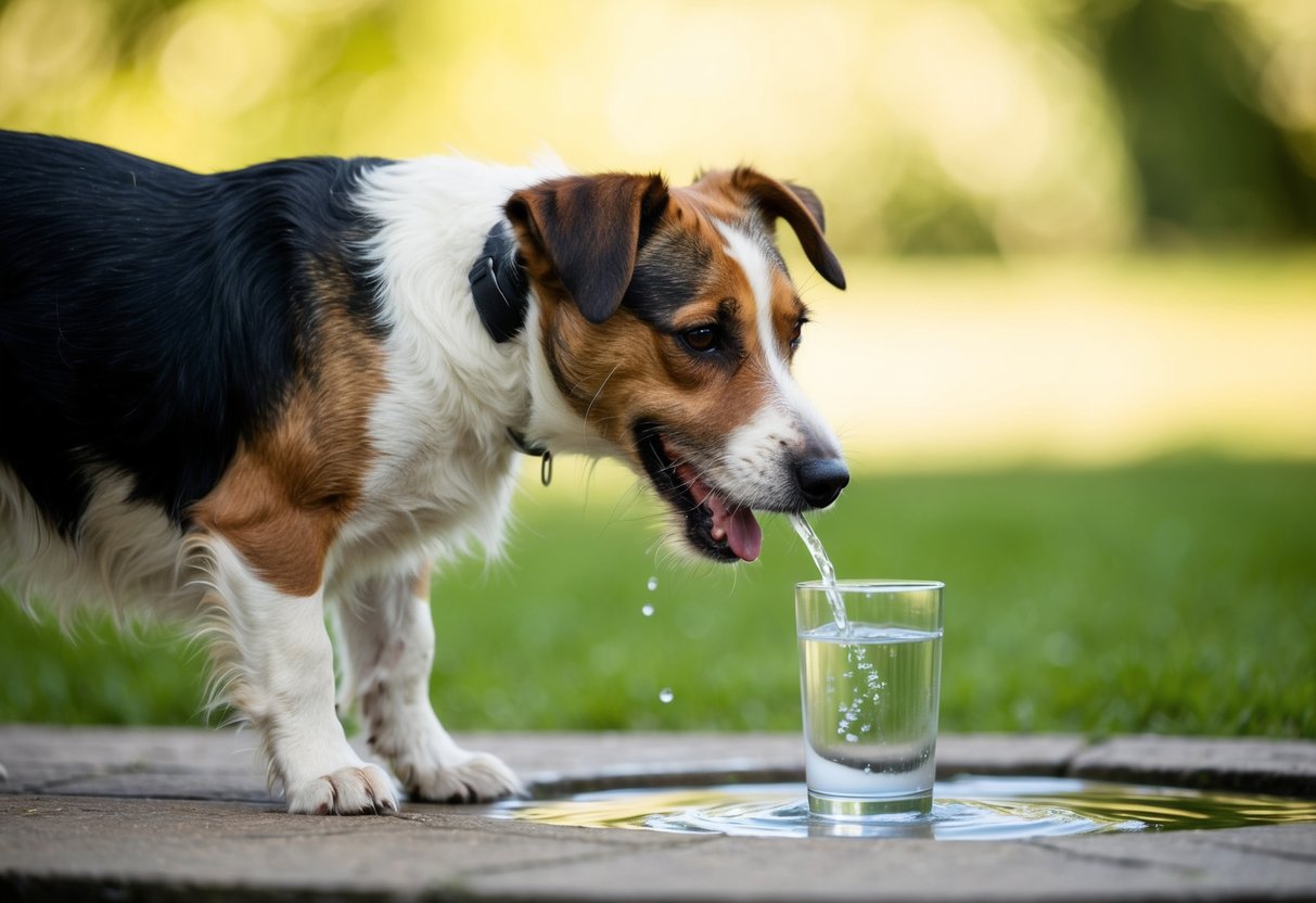 A border terrier with a round, distended abdomen and thinning hair, panting and drinking water excessively