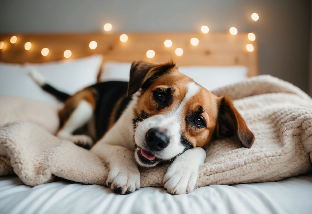 A border terrier snuggles on a cozy blanket with its owner, wagging its tail happily