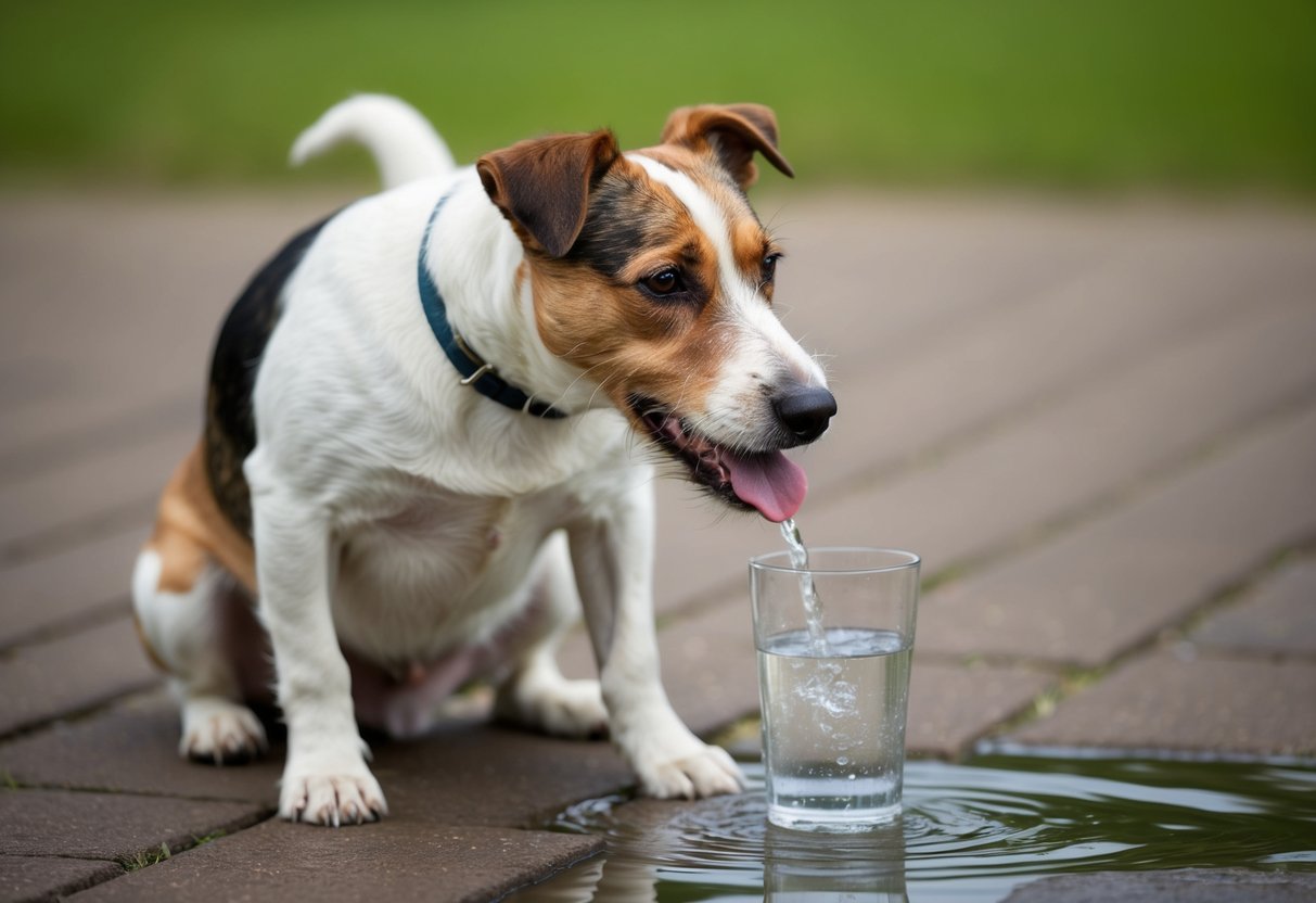 A border terrier with a rounded belly, thinning hair, and muscle weakness, panting excessively and drinking water frequently