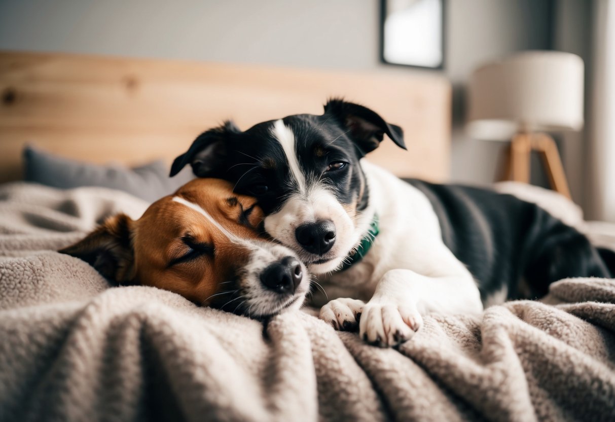 A Border Terrier snuggles on a cozy blanket with its owner, nuzzling and wagging its tail contentedly