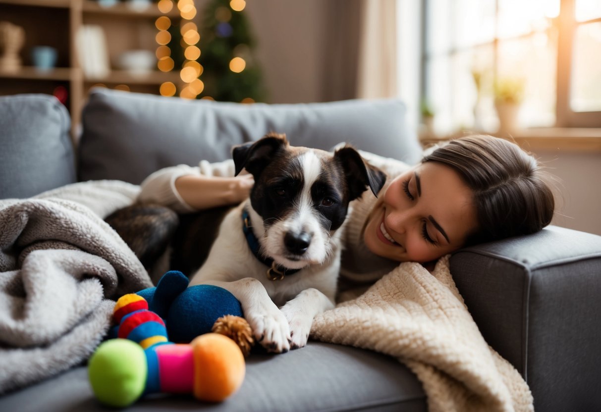 A border terrier snuggles on a cozy couch surrounded by toys and blankets, receiving affection from its owner