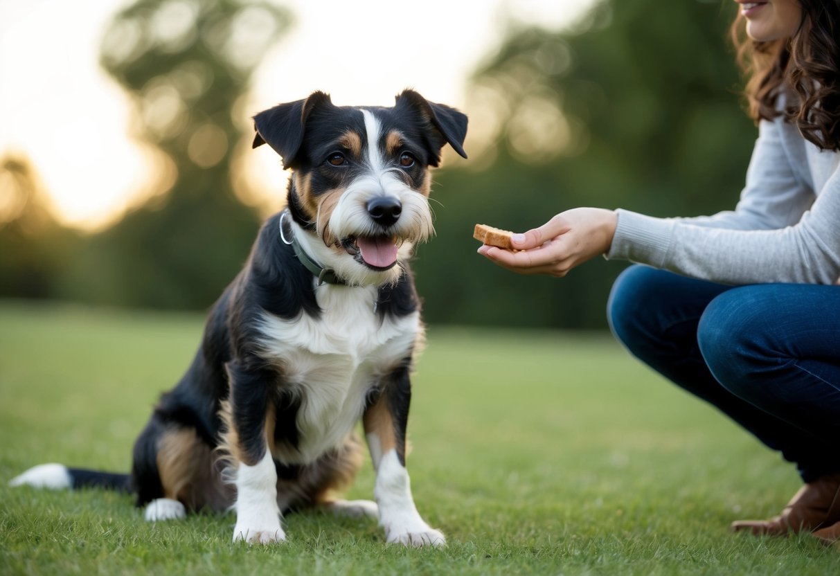 A border terrier sits calmly with all four paws on the ground, while a person gently holds a treat in their outstretched hand