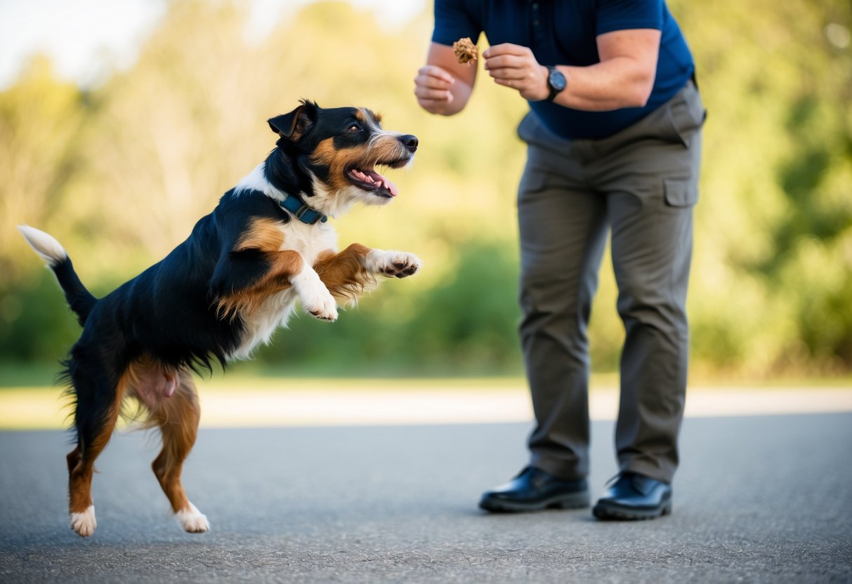 A border terrier eagerly jumps up, its front paws reaching for attention, while the owner stands with a firm posture, holding a treat at eye level to redirect the dog's focus downward