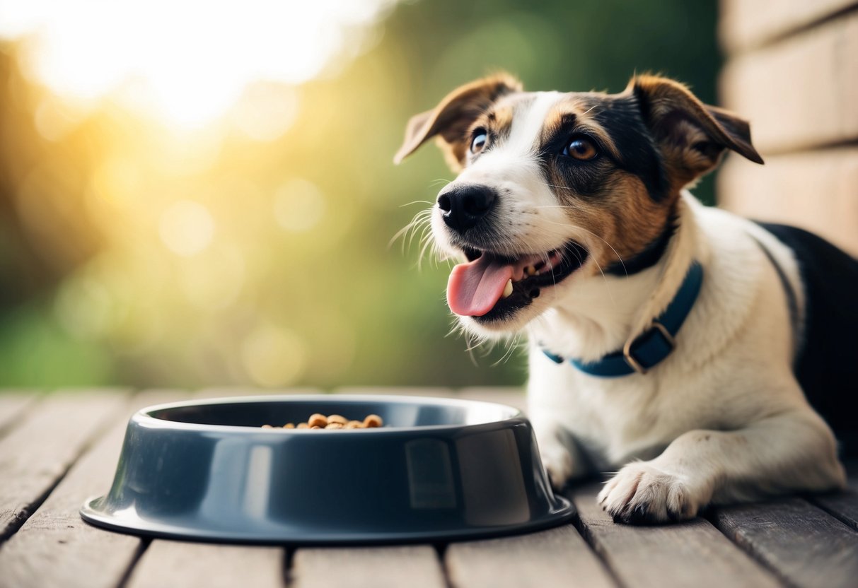 A border terrier eagerly waits by its food bowl, gazing up with pleading eyes. Its tail wags and it licks its lips, eagerly anticipating its next meal