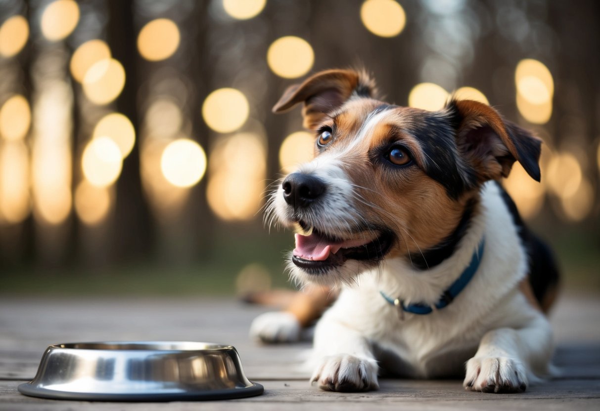 A Border Terrier eagerly awaits by its empty food bowl, gazing up with pleading eyes