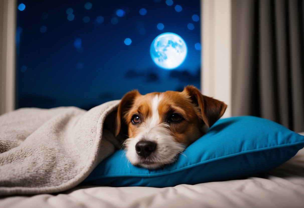 A border terrier snuggles in bed with a blanket, resting its head on a pillow, gazing out the window at the moonlit night