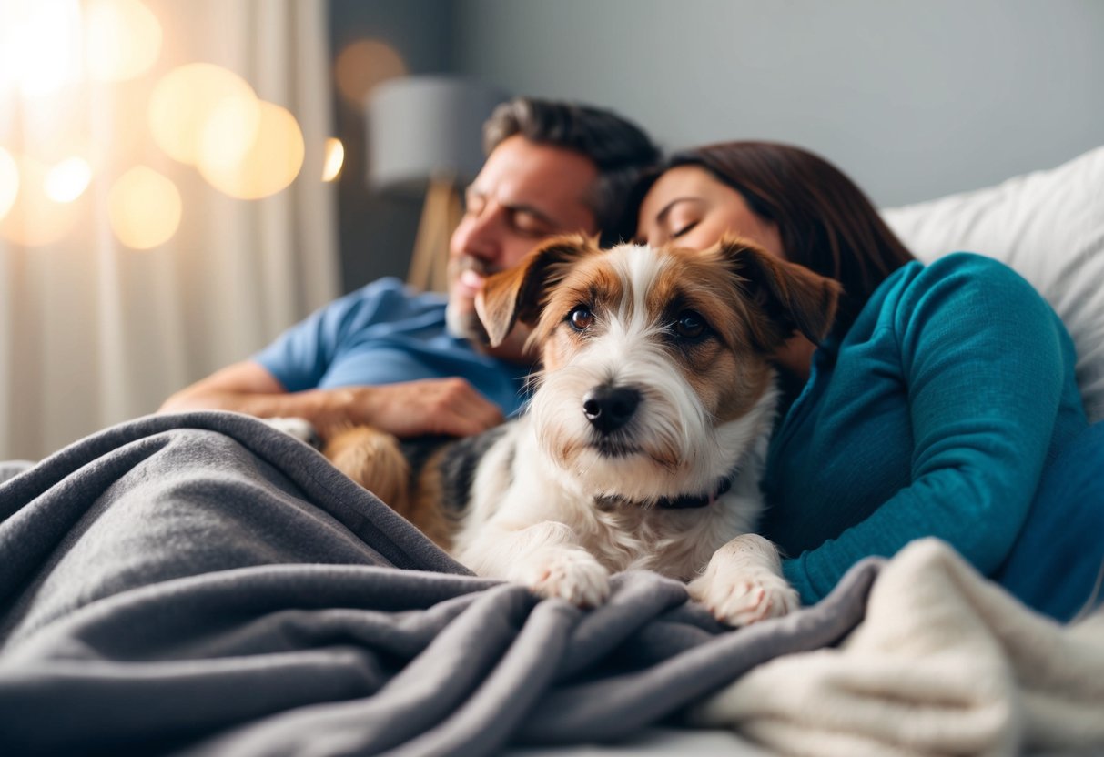 A cozy border terrier nestled in a blanket, snuggled up next to their owner in bed, with a content and affectionate expression