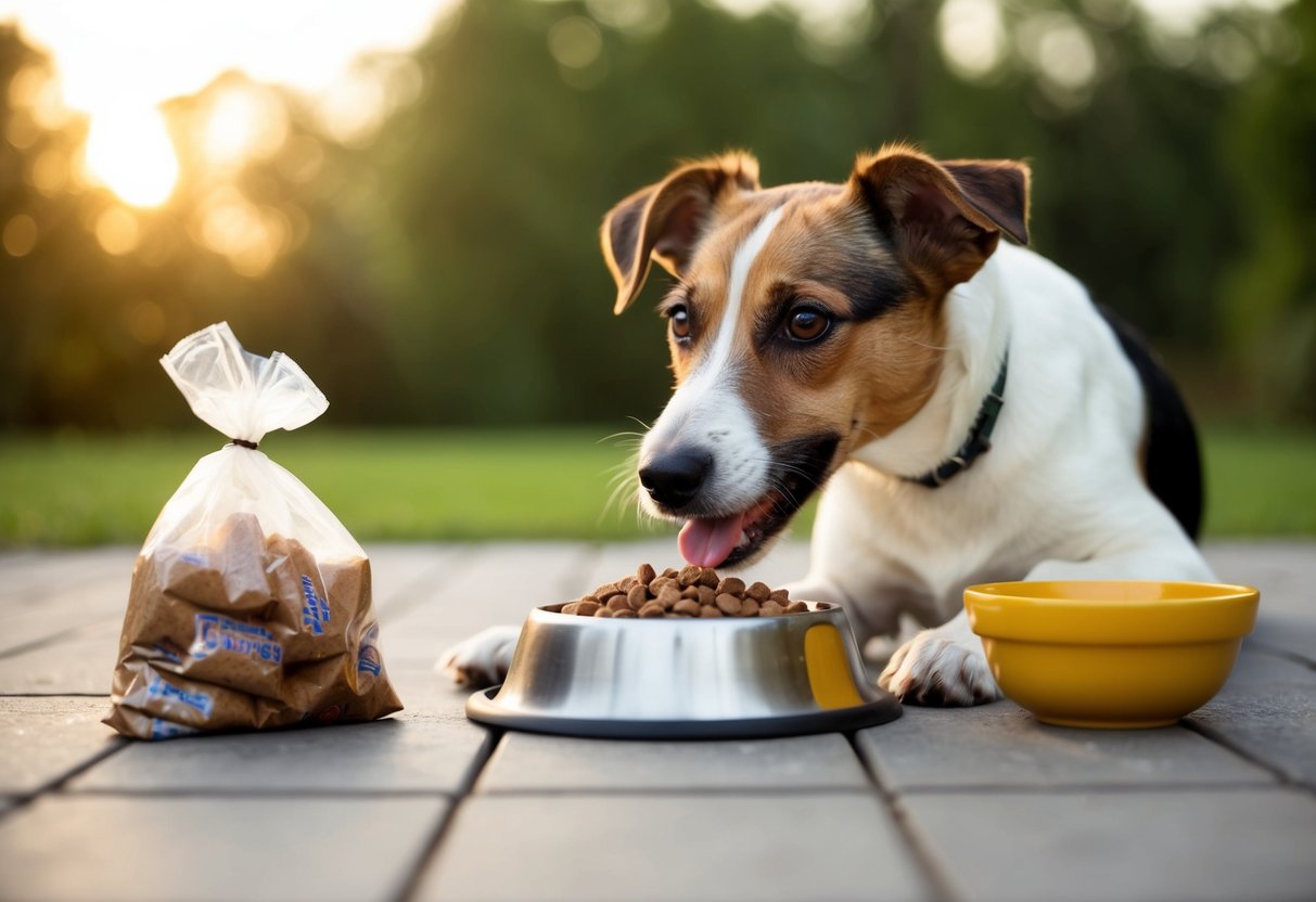 A border terrier eagerly eyes a full food bowl, a chewed-up empty bag of treats nearby