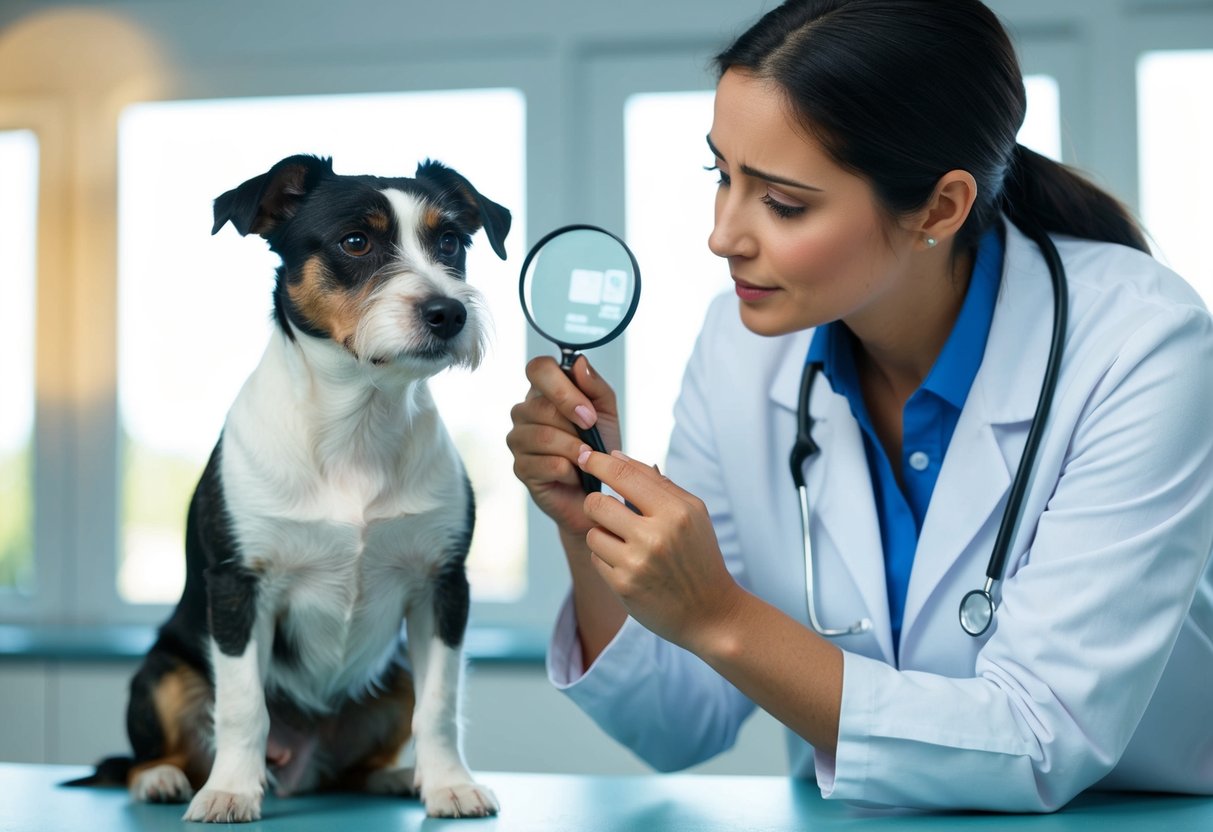 A border terrier with a concerned expression sits next to a vet, who is examining its ears with a magnifying glass
