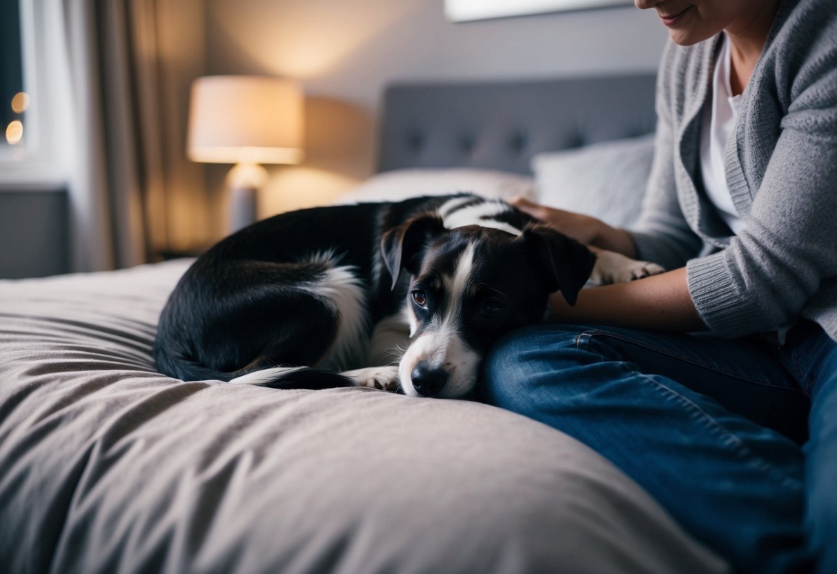 A border terrier curls up on a cozy bed, nuzzling into the arms of its owner, showing affection and enjoying cuddles at night