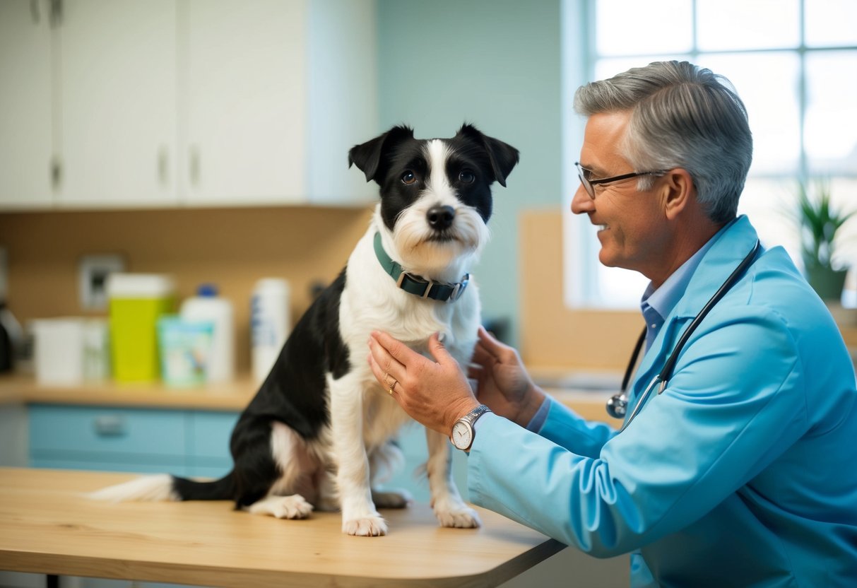 A border terrier with a veterinarian, receiving a check-up