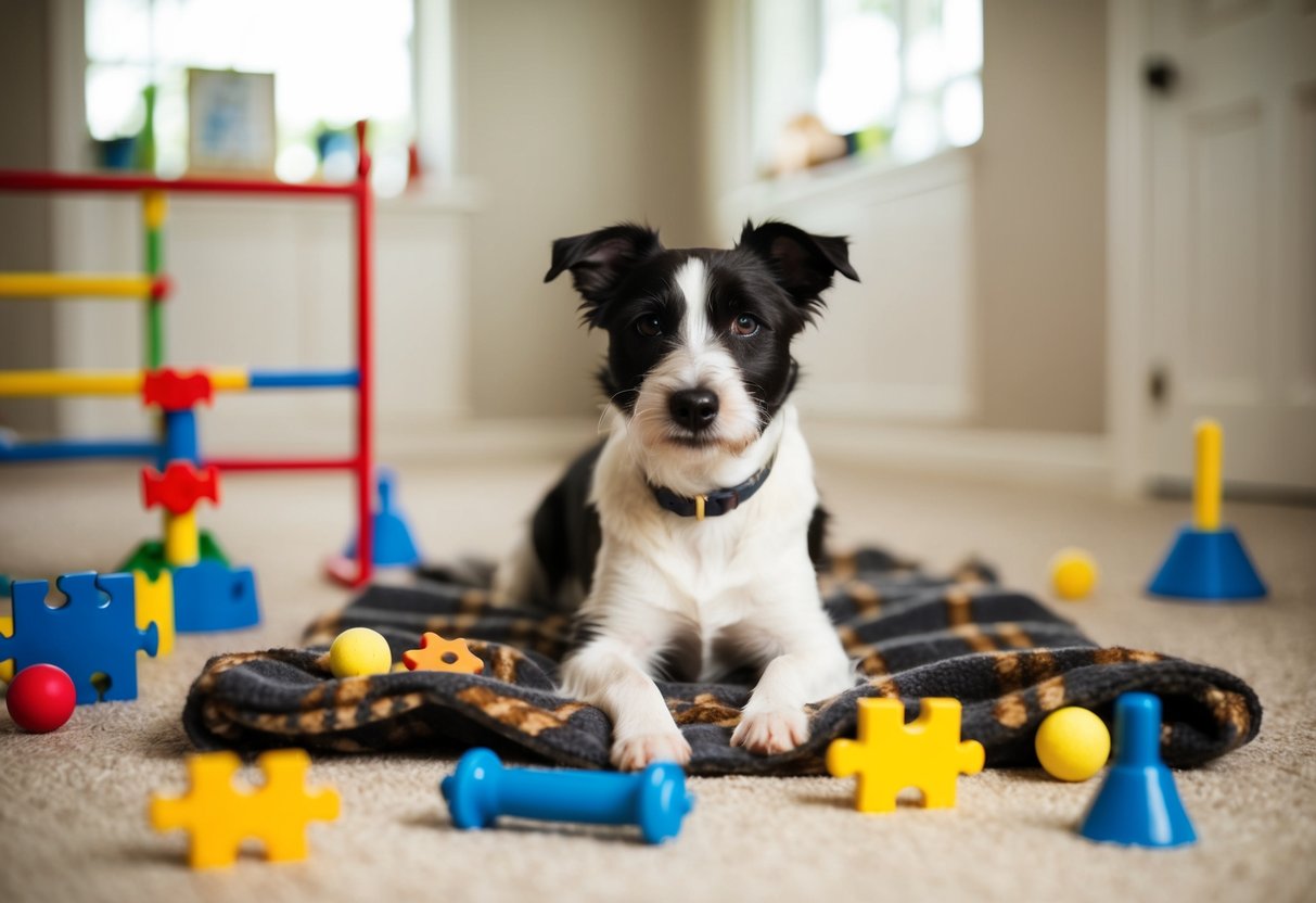 A border terrier lies contentedly on a cozy blanket, surrounded by scattered puzzle toys and a well-worn agility course