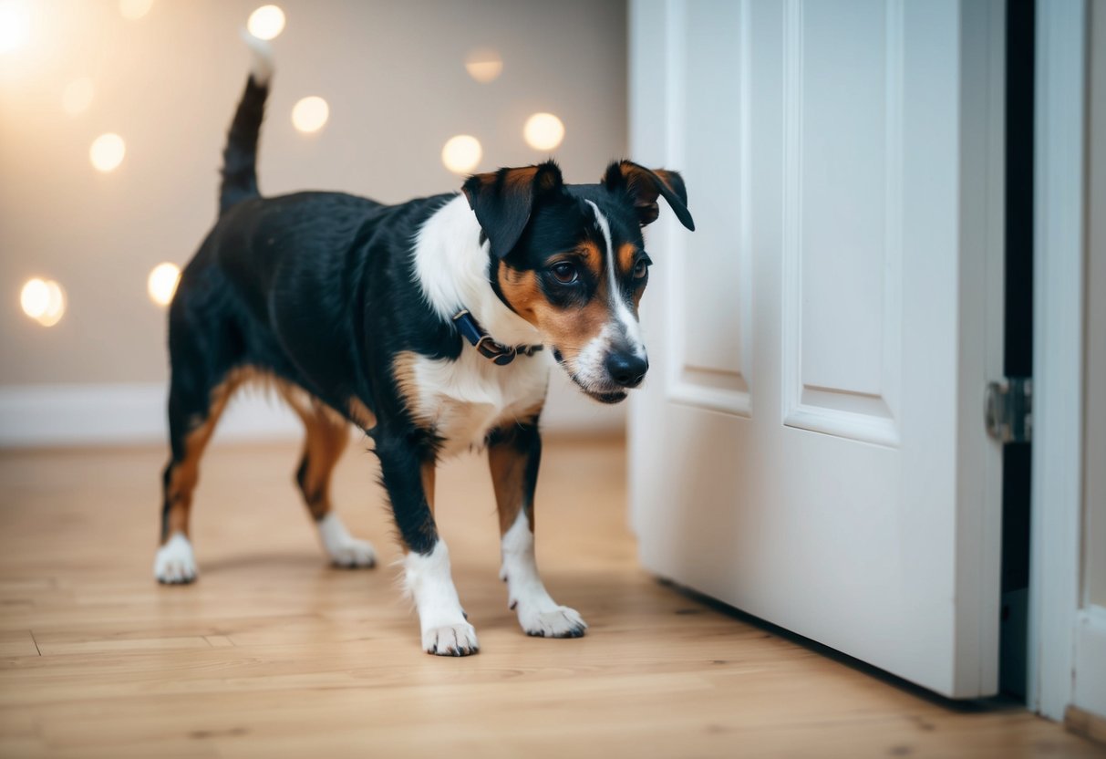 A border terrier exhibiting signs of separation anxiety, pacing and whining near a door