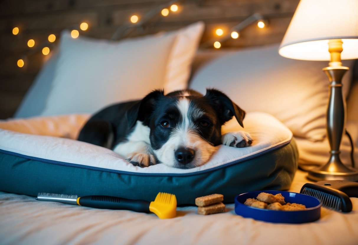A border terrier snuggles up on a cozy bed, surrounded by grooming tools and healthy treats. A soft glow from a bedside lamp illuminates the scene