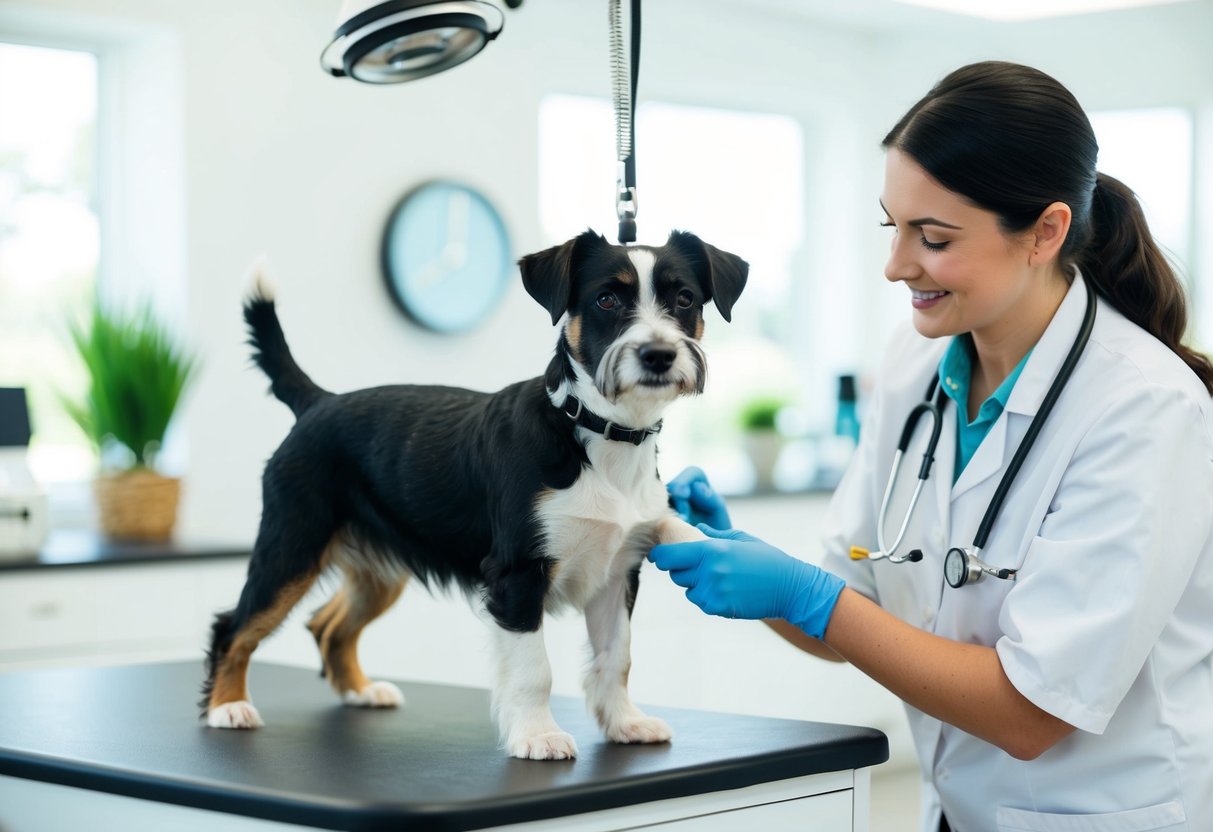 A border terrier being groomed and cared for by a veterinarian in a bright and spacious clinic