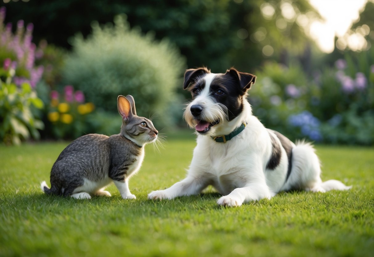 A border terrier plays with a cat and a rabbit in a peaceful garden
